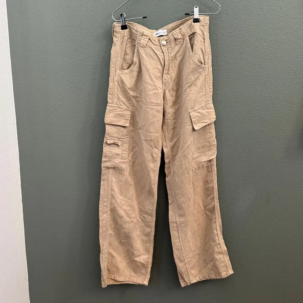 Y2K Zara Linen Blend Tan Cargo Wide Leg Pants Sz 4 Small